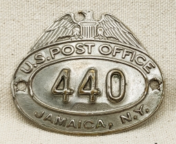 Scarce 1940s US Post Office Letter Carrier Hat Badge from Jamaica NY