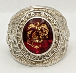 Wonderful 1930s USMC China Marine Ring in Sterling by Kinney Droop Wing EGA Etched Stone Size 7.75