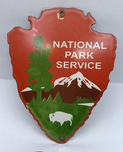 Beautiful 1950s National Park Service Enameled Arrowhead sign Small size