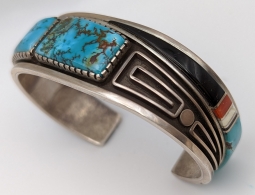 Iconic 1990s Albert Nells Navajo Silver, Pilot Mountain Turquoise, Coral, MOP, Onyx Bracelet