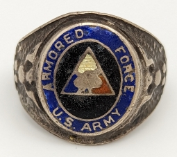 Great Combat Worn WWII US Army ARMORED FORCE Enameled Sterling Silver Ring Sz 10.25