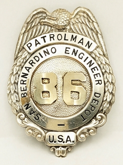 WWII era San Bernardino CA Engineer Dept Patrolman Badge #86 by Am Pacific Stamp Co Los Angeles