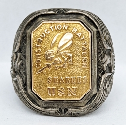 Gorgeous Heavy WWII USN SEABEES Ring in Sterling & 10K by Ritter L.A. Size 7.5