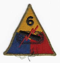 WWII US Army 6th Armored Division Shoulder Patch Worn & Removed From Uniform