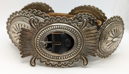 HEAVY 1970s-1990s 9 Concho Belt with Buckle by Multiple Award-Winning Navajo Artist Thomas Curtis