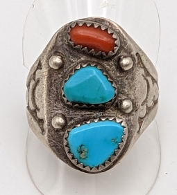 Nice 1960s-70s S.W. Silver Turquoise & Coral Men's Ring by Navajo Ted Etsitty Size 9.75