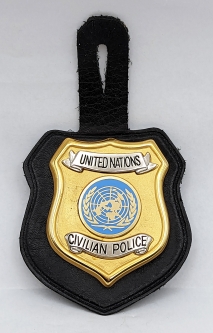 Rare 1990s - 2000s United Nations Civilian Police Badge on Leather Hanger by Nordic Army Suppliers