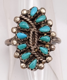 Vintage 1980s Zuni Silver & Sleeping Beauty Turquoise Petit Point Ring by Sharon Hustito Sz 6