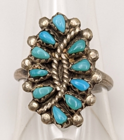 Vintage 1980s Zuni Silver & Sleeping Beauty Turquoise Petit Point Ring by Sharon Hustito Sz 5