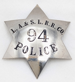 Wonderful ca 1916 Los Angeles & Salt Lake railroad Police Large 6-pt Star Badge by LARSCO