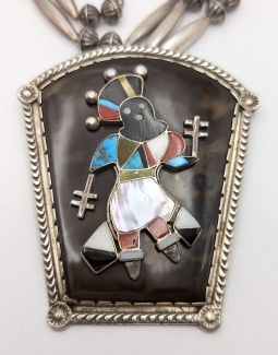 Wonderful Early 1960s LARGE Zuni Silver Crown Dancer Inlay Pendant by Elliot Qualo on Hand Made Bead