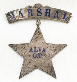 Wonderful 1890s ALVA, OKLAHOMA TERRITORY City Marshal Enameled Silver Suspension Badge