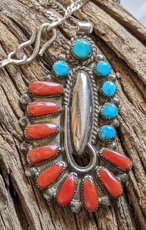 Beautiful 1960s Zuni Silver, Coral, & Blue Gem Turquoise Pendant on Original Chain