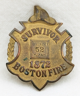 Ext Rare Boston MA Fire Dept Box 52 Assoc Survivor 1872 Boston Fire Badge ca 1910s by Johnston