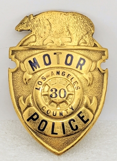 Ext Rare 1920s Los Angeles Co CA Motor Police Coat Badge #30 by Chipron with Hat Badge