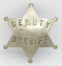 Great 1870s-1880s Old West Deputy Sheriff 6-pt Star Badge in Hand Stamped Nickel