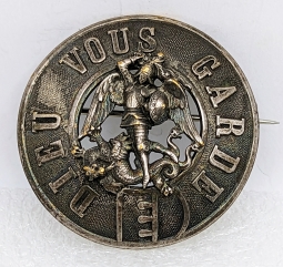 Beautiful Old French Guardian Angel Badge in Silver Plated Brass St. Michael Slogan in the Dragon ca