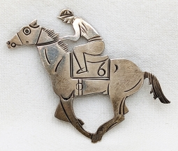 Beautiful ca 1968 Jockey Dr. Fager on Thoroughbred Race Horse #6 Hand Engraved Silver Brooch
