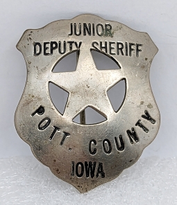 Late 1940s-Early 1950s Pottawattamie County Iowa Junior Deputy Sheriff Circle Star Cut Out Shield Ba