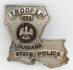 Great Old 1940 Louisiana State Police Trooper Badge #211 in Silver Plated Brass with Dark Red Enamel