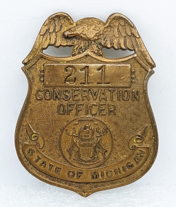 Nice Late 1930s-Early 1940s Michigan State Conservation Officer Badge #211 by Whitehead & Hoag