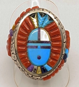 Incredible Large Cobblestone Inlay Sun face Ring by Navajo Artist Wilbert Manning Sz10