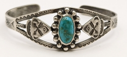 Great 1930s-40s Fred Harvey Era Navajo Sterling & Turquoise Bracelet. Nice Stone Fun Stamps