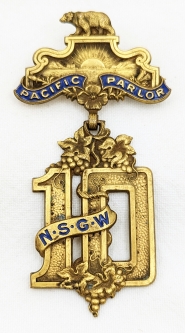 Lovely ca 1900 Native Sons of the Golden West Pacific Parlor #10 Member Badge by Shreve S.F.