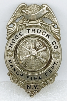 Great Old 1920s - 1930s Hoos Truck Co Livingston Manor NY Fire Dept Badge Large