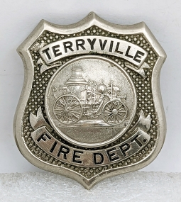 Early 20th C Terryville NY Fire Department Badge with Steamer at Center