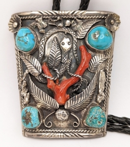Fantastic Huge 1950s-1960s Zuni Silver Coral & Cerrillos Turquoise Bolo Tie w Snake by OTHO