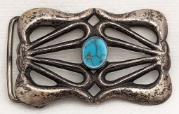 Wonderful Ca 1930s-40s Navajo Stamped Sandcast Silver Buckle with Old Pilot Mountain Turquoise Stone