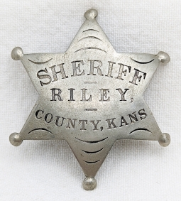 1870s Riley County Kansas Full Sheriff 6 Point Nickel Star Badge