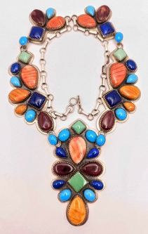 Large Vintage Navajo Silver & Multi-Stone Necklace by Roie Jaque with Sleeping Beauty Turquoise