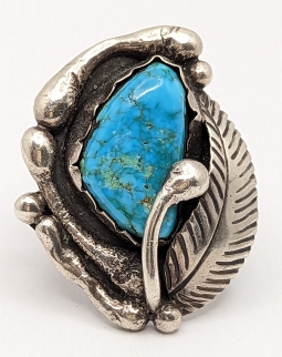 Great Huge Silver Man's Ring with Carico Lake Turquoise by Santo Domingo Pueblo Juan Pedro Garcia