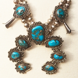 Lovely ca 1960s "Mini" Squash Blossom Necklace with Beautiful Morenci Turquoise Cabs