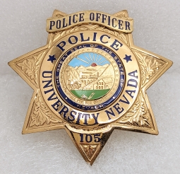 Beautiful 1980s Nevada University Police Officer Badge #105 by Entenmann Rovin