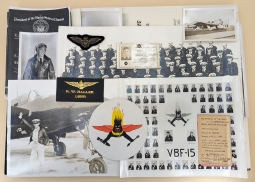 Ext Rare WWII 1945 USN VBF-15 Stan's Angels Pilot Grouping with Leather Patch ID Wing etc