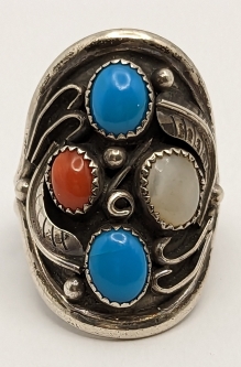Beautiful 1970s Native American Ring with MOP Coral & Morenci Turquoise Sz 9.5