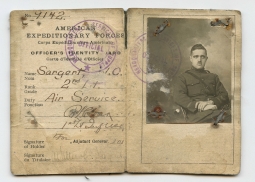 Scarce WWI AEF US Army Officer ID Card of Air Service Lieutenant Walter C. Sargent