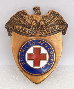 Scarce WWII American Red Cross Military Welfare Service Officer Hat Badge in Enameled Bronze