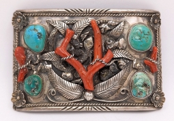 Fantastic Huge 1950s-1960s Zuni Silver Coral & Cerrillos Turquoise Buckle w Snake by OTHO