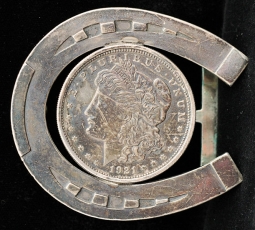 Great 1930's - 40's Cowboy Sterling Horseshoe & Silver Dollar Belt Buckle