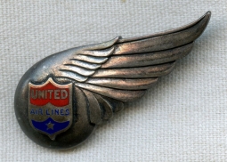 Sterling 1940s - 1950s United Air Lines Stewardess Hat Wing Badge by Robbins