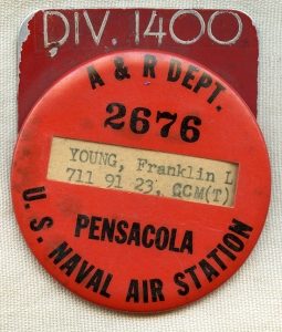 Very Cool, Late 30's - Early WWII Pensacola NAS A & R Dept. ID Badge to USN Chief Capt. Mate