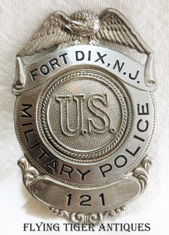 Great ca 1940 Fort Dix NJ US Army MP Military Police Badge #121