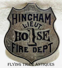 Gorgeous ca 1890 Hingham MA Fire Dept Hose 1 Presentation Silver Badge of Lt. H. W. Hersey