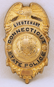 Beautiful 1960s Connecticut State Police Lieutenant Badge in Gold Fill Samuel F. Pryor Jr.