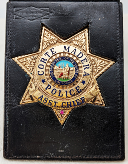 Beautiful ca 1970 Corte Madera Police Assistant Chief Badge in Gold Front with Ruby by Ent-Rovin