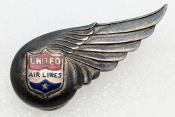 Sterling 1930s - 1940s United Air Lines Stewardess Wing Hat Badge by Robbins First Type with Post